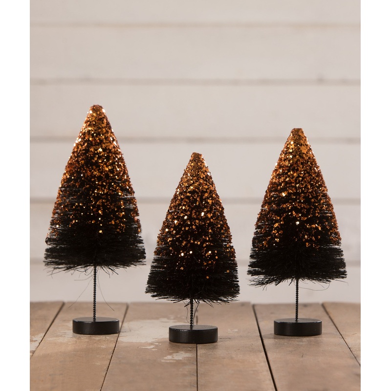 Black Bottle Brush Trees with Orange Glitter