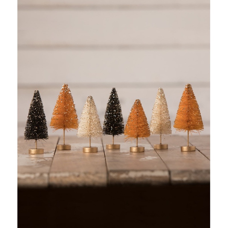 Mini Halloween Bottle Brush Trees with Gold Glitter