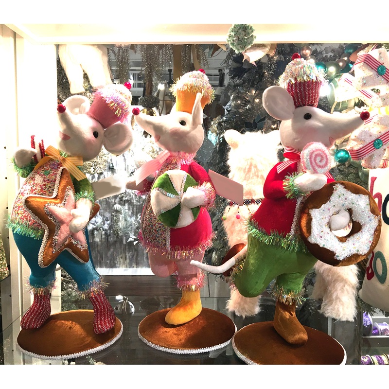 Sweet Shoppe Mice|Mouse in Red Jacket with Donut|Mouse in Pink Jacket with Peppermint Candy|Mouse in Green Jacket with Star Cookie|Set of All Three Mice
