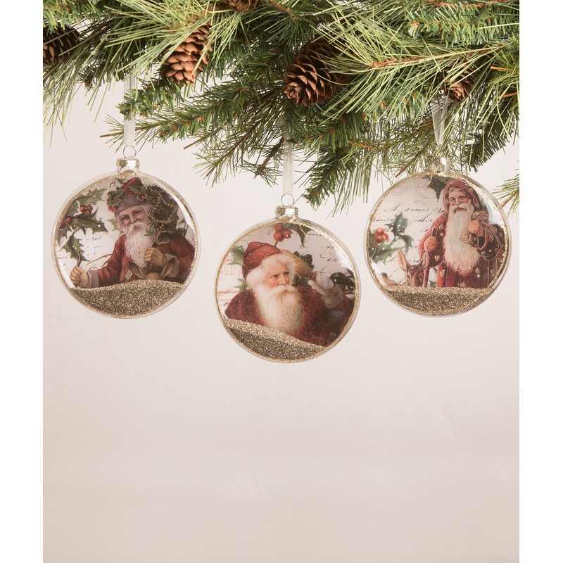 Vintage Santa & Holly Glass Disc Ornaments