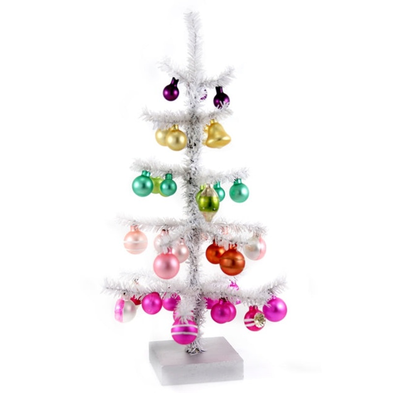 White Tinsel Tree Decorated with Colorful Glass Ornaments, 16.5