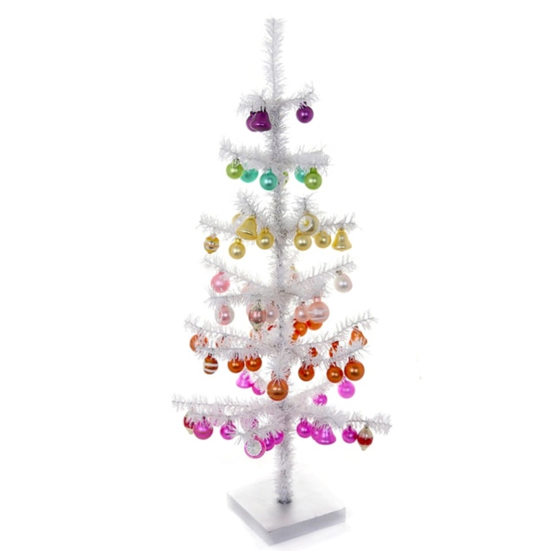 White Tinsel Tree Decorated with Colorful Glass Ornaments, 30