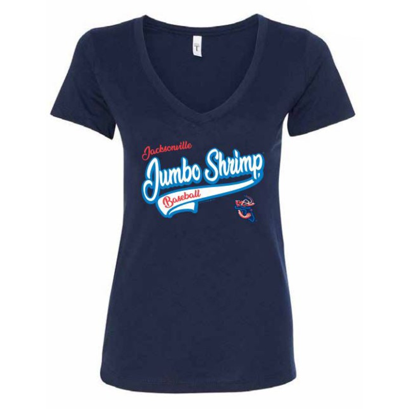 Jacksonville Jumbo Shrimp Soft As A Grape Ladies Navy Ideal V Neck