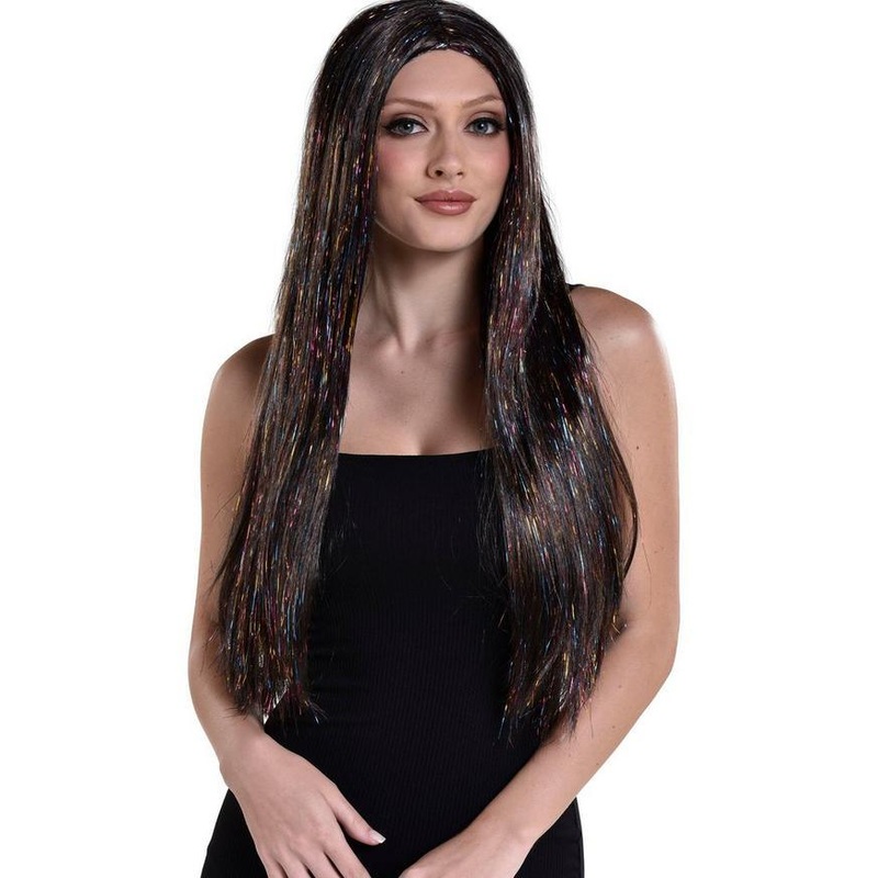 Brunette & Iridescent Tinsel Long Straight Wig 30in | 1ct
