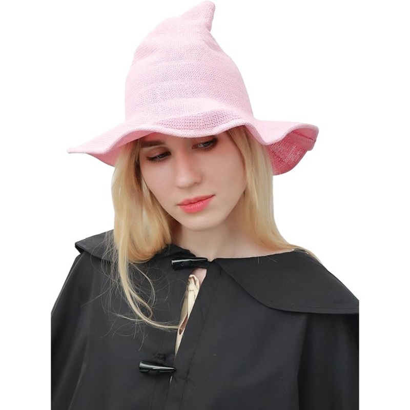Witch Hat Multicolor Knit Breathable Wide Brim Foldable Pointed Cap for Women Christmas Costume
